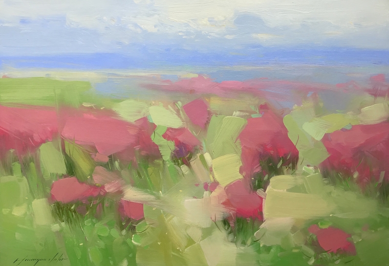 Blushing Field, Original oil Painting, Handmade artwork, One of a Kind           